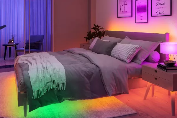 Bedroom ambient lighting with smart floor lamp and LED strips
