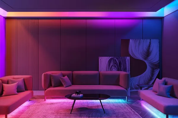 Living room RGBIC LED strip lighting case - cove, cabinet and floor ambient light