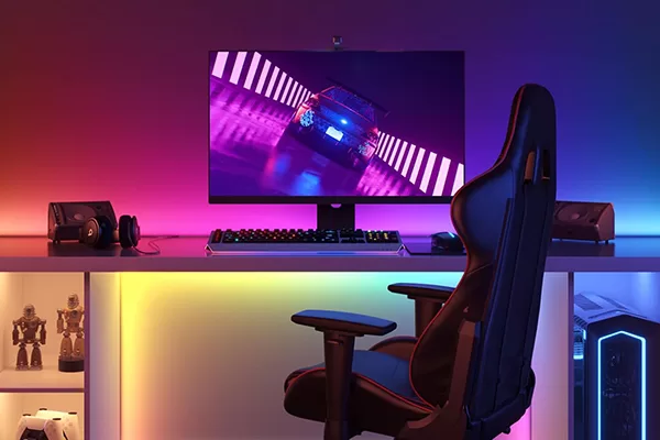 Gaming room RGB lighting with smart wall panels and light bars