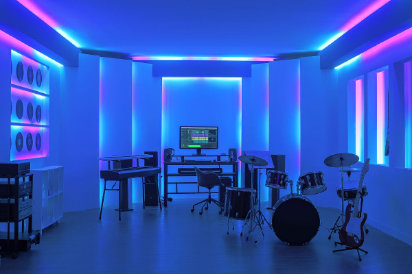 Music room with RGB LED wall and ceiling cove lighting around a drum kit - CL Lighting concert hall case