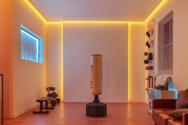 Home gym with warm LED cove lighting around the ceiling perimeter - CL Lighting gym case