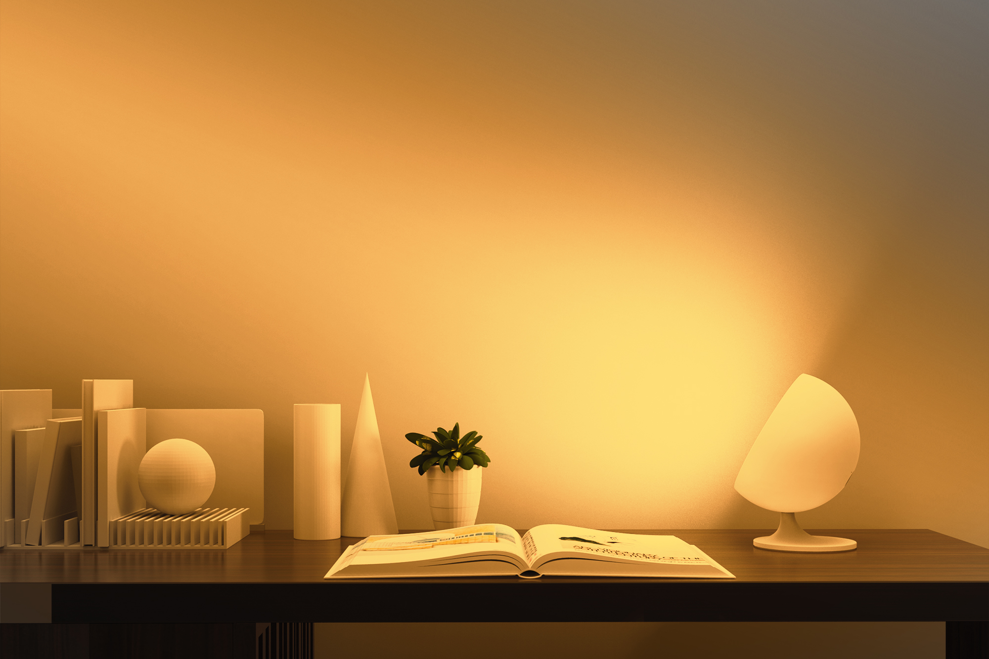 Warm desk lamp ambient lighting scene with books and decor - CL Lighting desk case