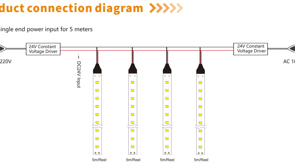 Single-end 24 V feed – one power point per 5 m run