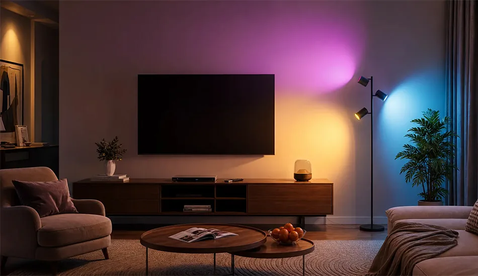 Smart ambient floor lamp with mood lighting behind TV wall