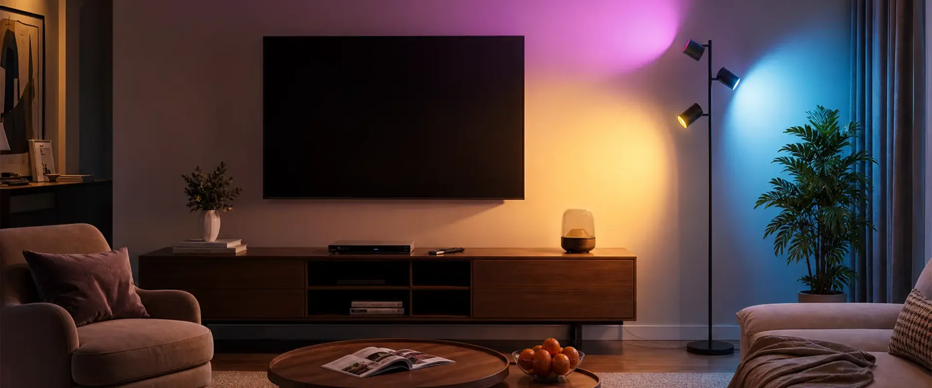 Tuya smart 3-head floor lamps GEN5 series with RGB and warm white backlight in a living room