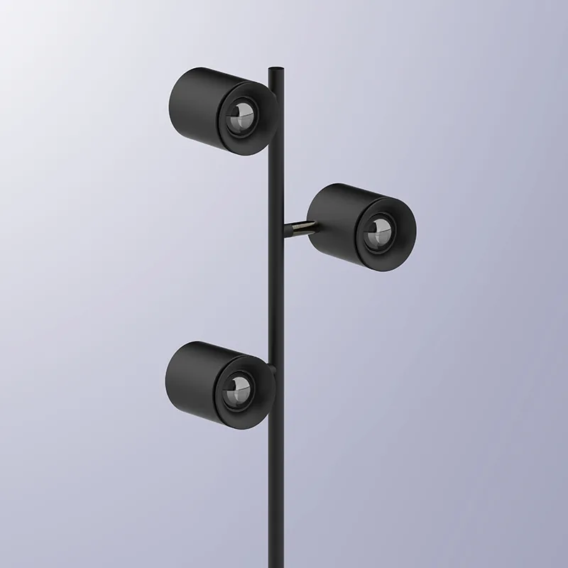 Close-up of the three RGBIC + CCT spot heads on the Tuya smart floor lamp