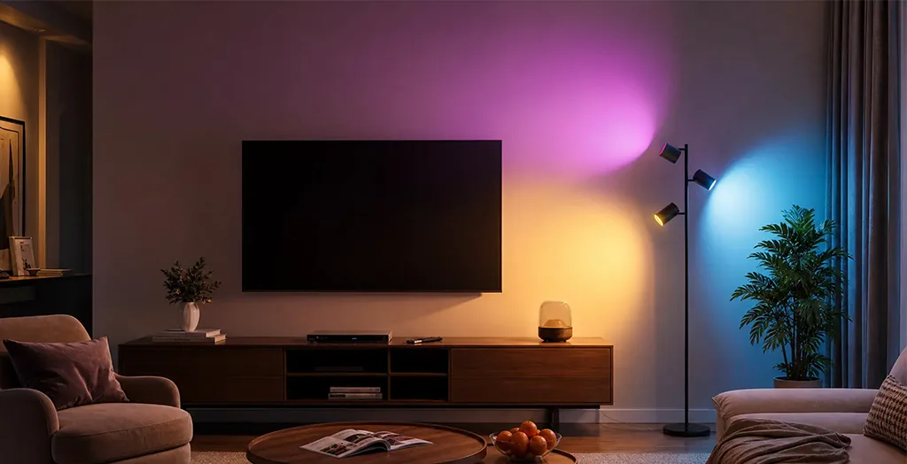 3-head floor spot lamp as TV bias lighting with RGBIC backlight